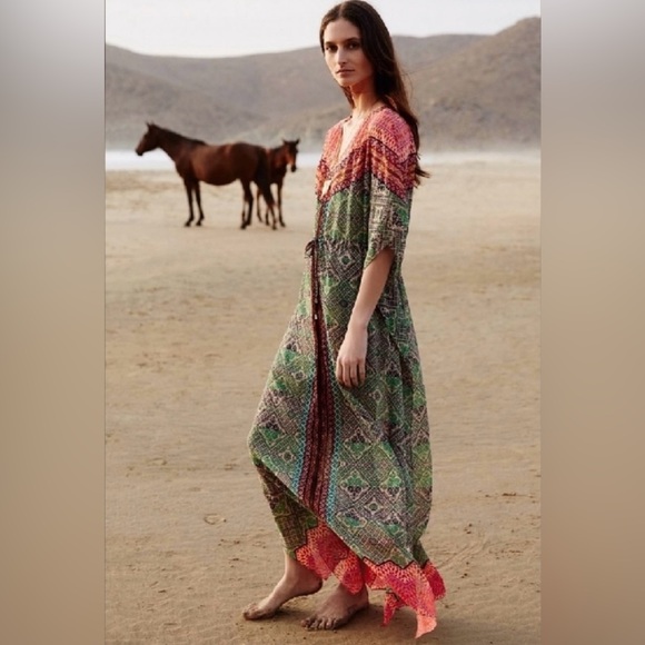 Anthro Vanessa Virginia Chama Kaftan Maxi Dress SLIP INC. SZ M Boho Festival EUC - Picture 1 of 11